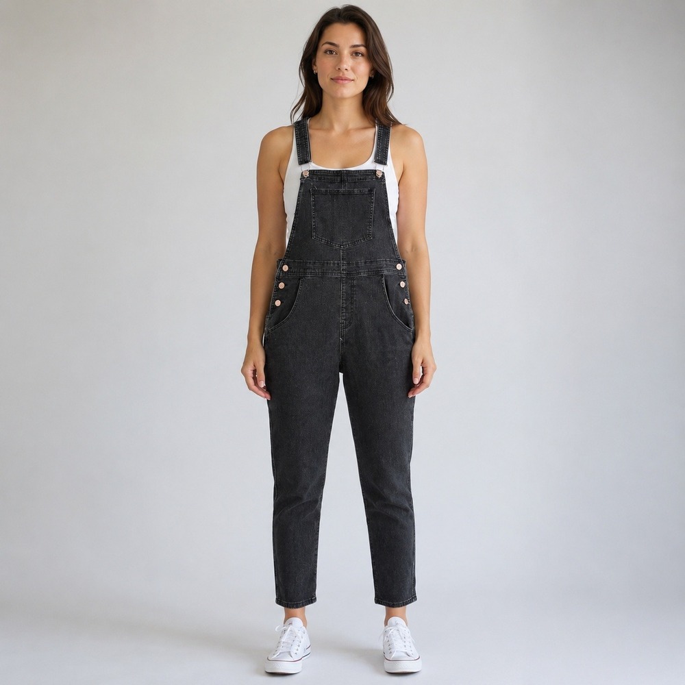 Unbranded Women's M Black Stretch Denim Bib Overalls Tapered Leg - Picture 1 of 7